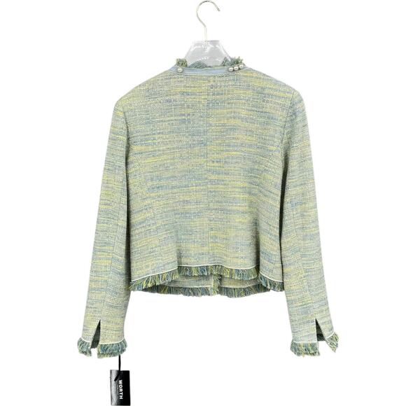 Worth New York NWT Green Yellow Boucle Tweed Fringe Trim Designer Blazer Jacket - Picture 11 of 16